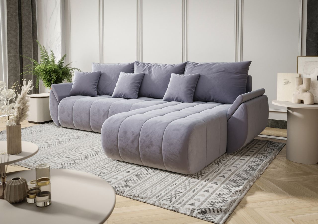 OUTLET Ecksofa Schlafsofa AKITA Stoff Monolith Hellblau Ottomane Rechts
