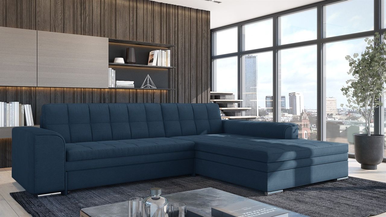 Ecksofa Schlafsofa Sofa LUSAKA in Stoff Lincoln Dunkelblau Ottomane Rechts