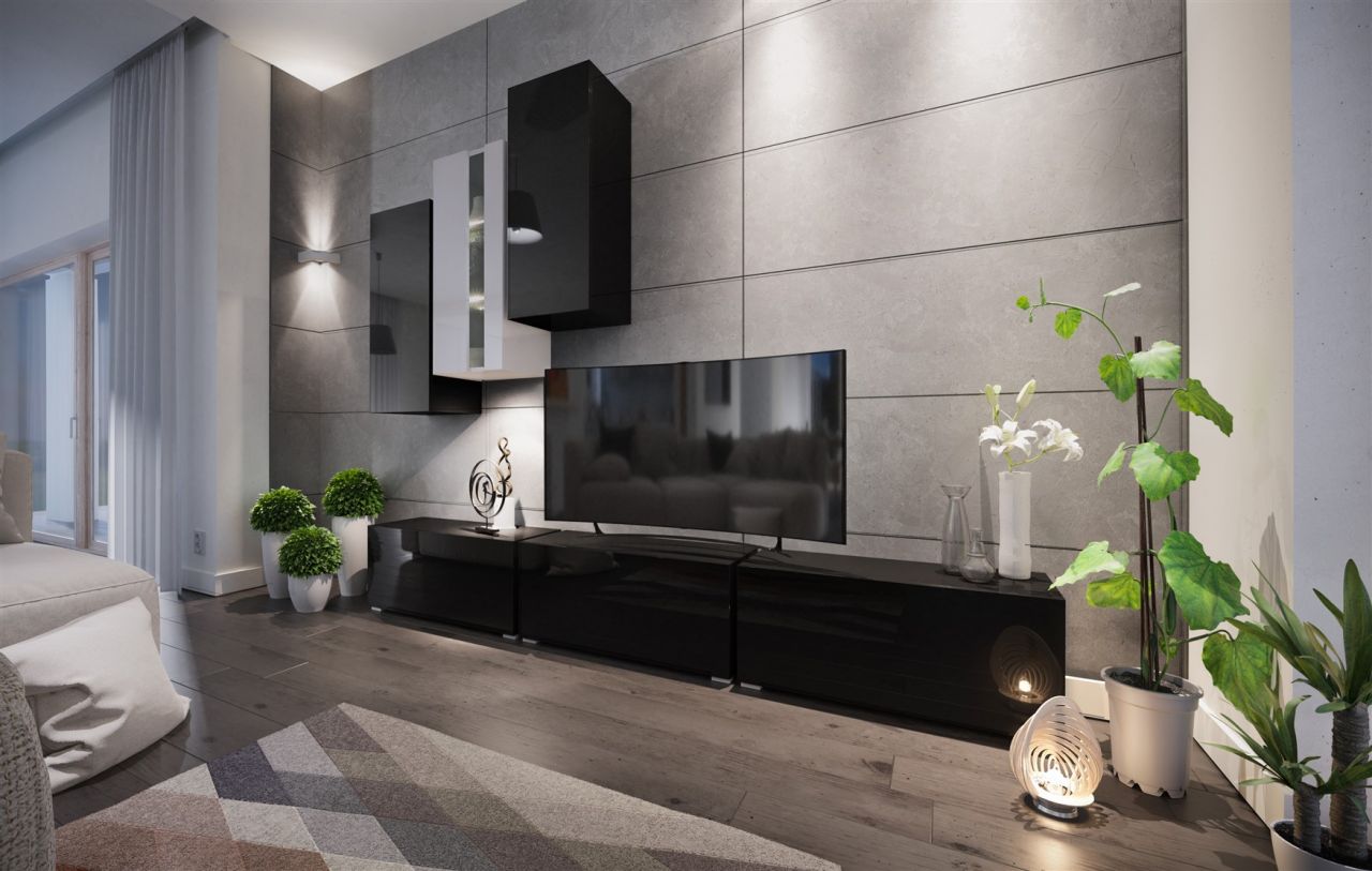 Mediawand Wohnwand 6 tlg -NEXI XL 5- Schwarz-Weiss Hochglanz inkl.LED