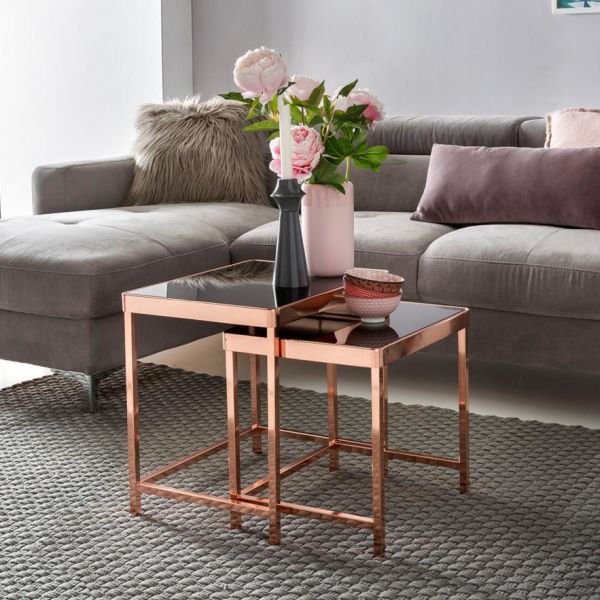 Satztisch Couchtisch CHARMS Metall Glas Schwarz / Kupfer 2-teilig