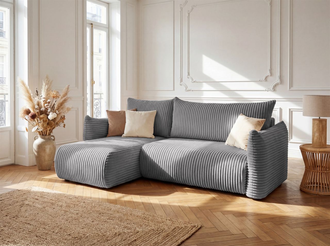 Ecksofa Schlafsofa MAILAND XS in Stoff Dunkelgrau Ottomane Links