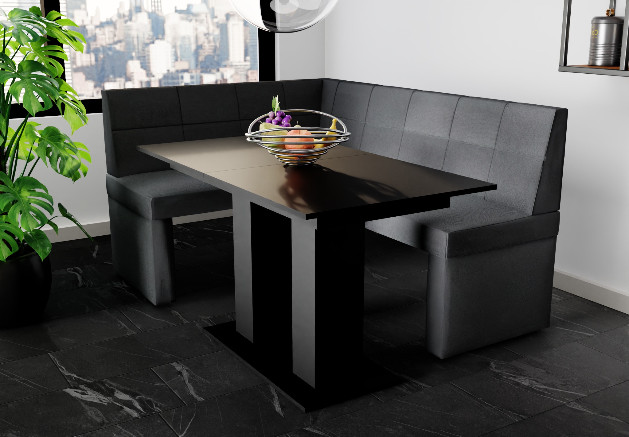 Eckbankgruppe 196x142 cm BLAKE XL R Stoff Soro Anthrazit/ Esstisch DANTE Schwarz | Ausführung Rechts | Eckbank mit Esstisch | Essgruppen | Wohn-& Essbereich