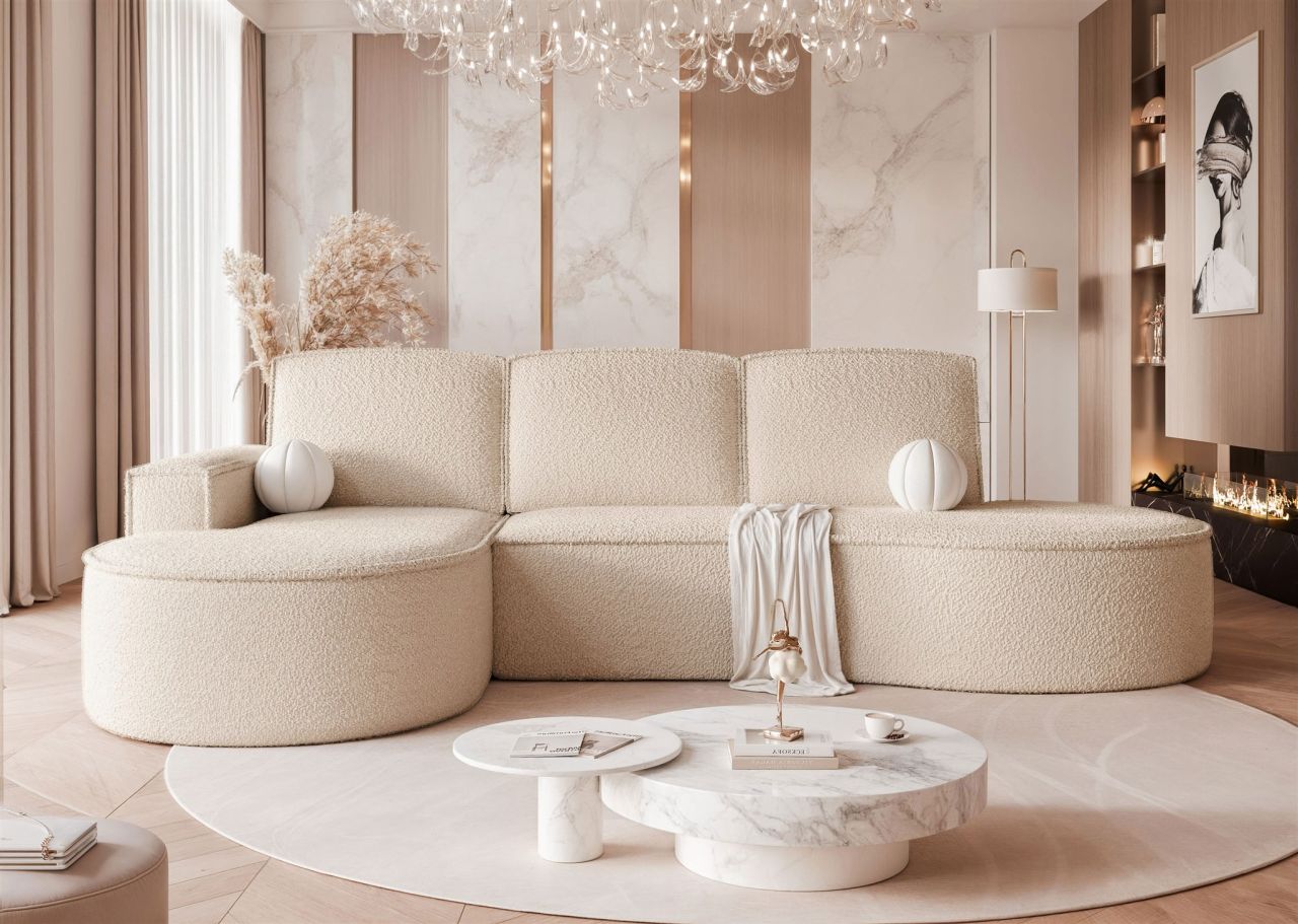 Ecksofa Schlafsofa Sofa ARLET in Stoff Abriamo Hellbeige Ottomane Links
