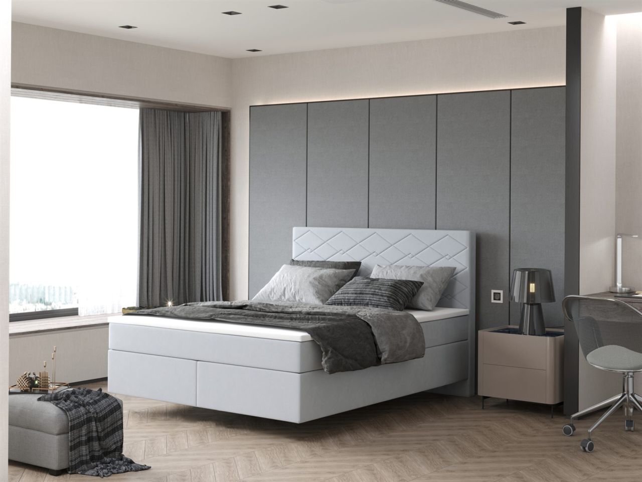 Boxspringbett Schlafzimmerbett ROCIO Nr.3 Delux 140x200cm in Stoff Hellgrau