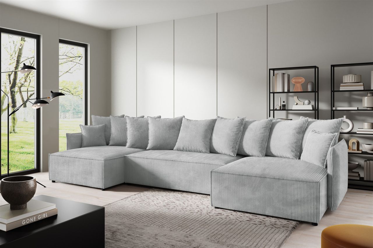 Wohnlandschaft mit Schlaffunktion MINEA Sofa U-Form in Stoff Poso Hellgrau