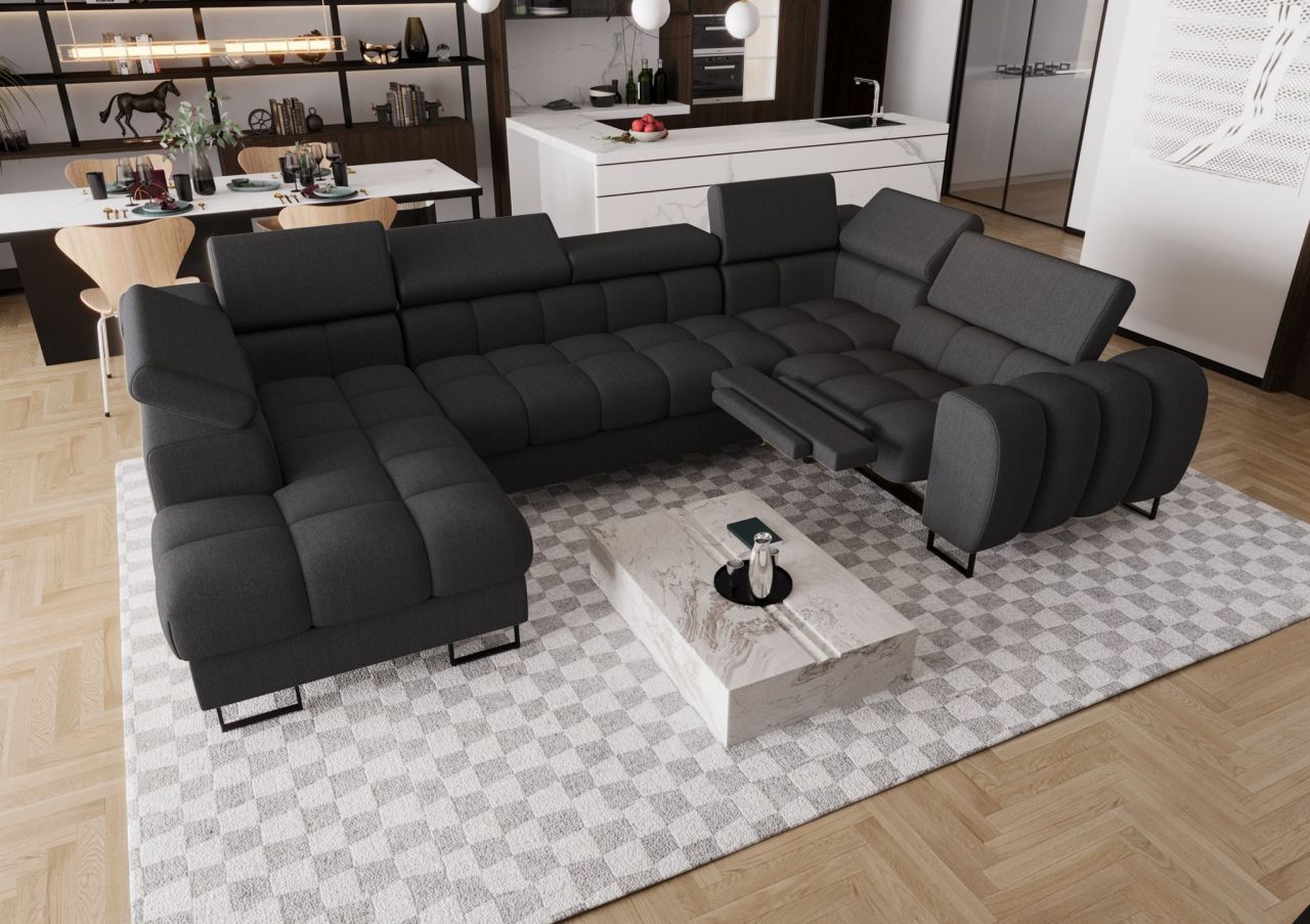 Wohnlandschaft Schlafsofa BASTIEN RELAX in Stoff Gemma Dunkelgrau Ottomane Links