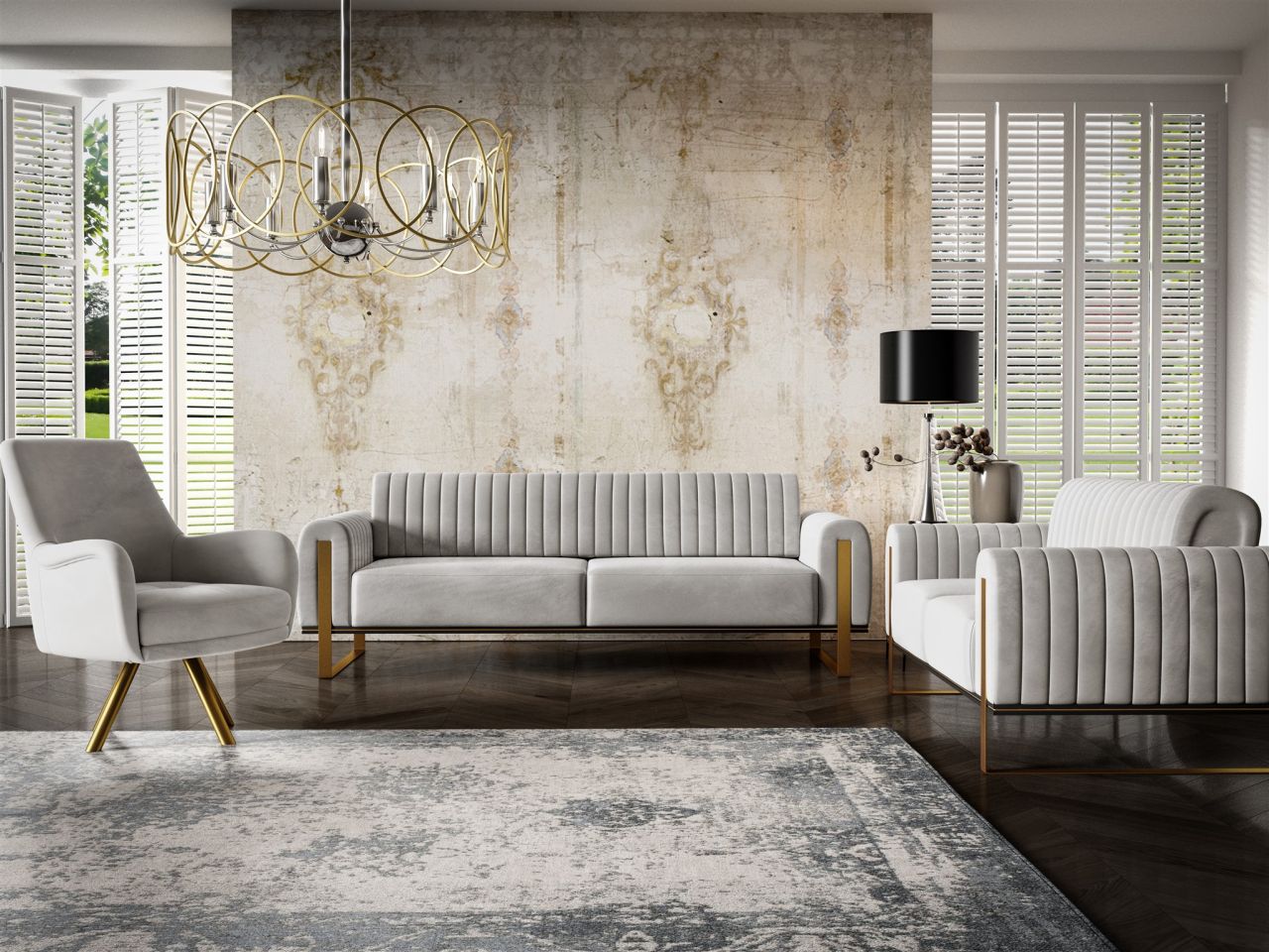 Sofaset ersofas VALERIE 3-2-1 in Stoff Stoff Elisa Velvet Hellgrau