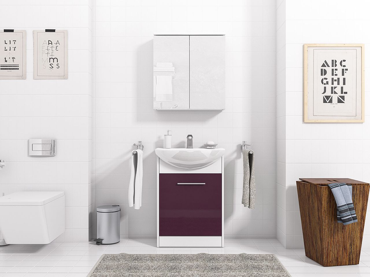 Badmöbel Set 3-Tlg Weiss / Violet Hochglanz PETIT inkl.Waschtisch