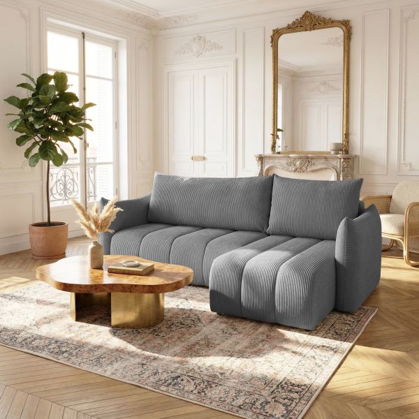 Ecksofa Schlafsofa ONTARIO XS in Stoff Poso Grau Ottomane Rechts | Ottomane: Rechts | Ecksofas mit Schlaffunktion | Polstermöbel