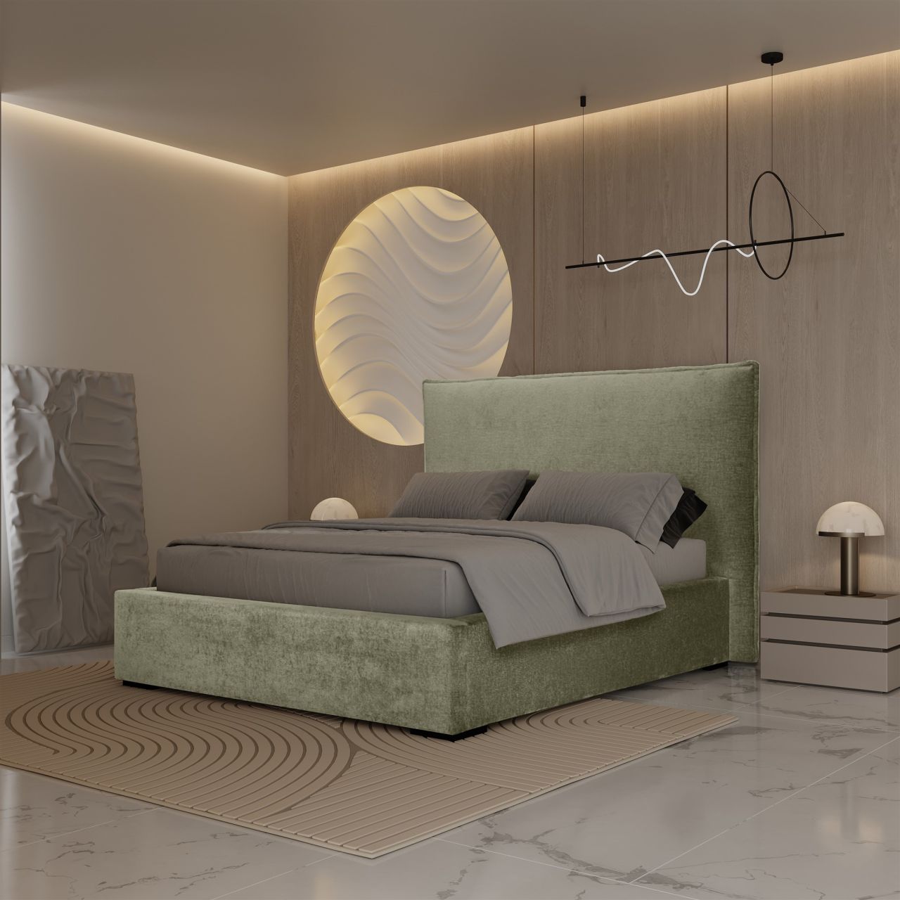 Polsterbett Doppelbett MODEST 140x200cm Stoff Perfekt Harmony Olivgrün