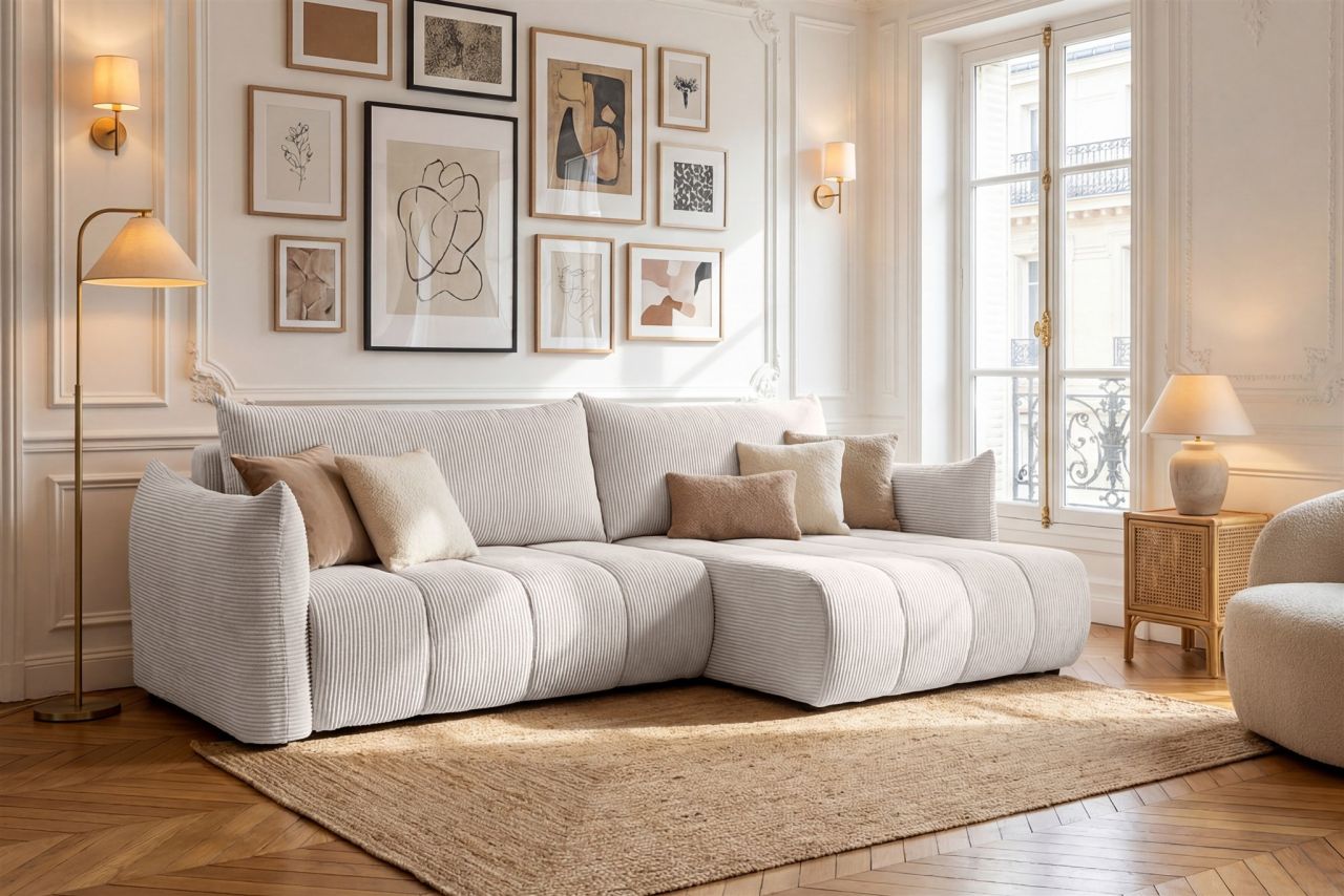 Ecksofa Schlafsofa ONTARIO in Stoff Poso Altweiß Ottomane Rechts