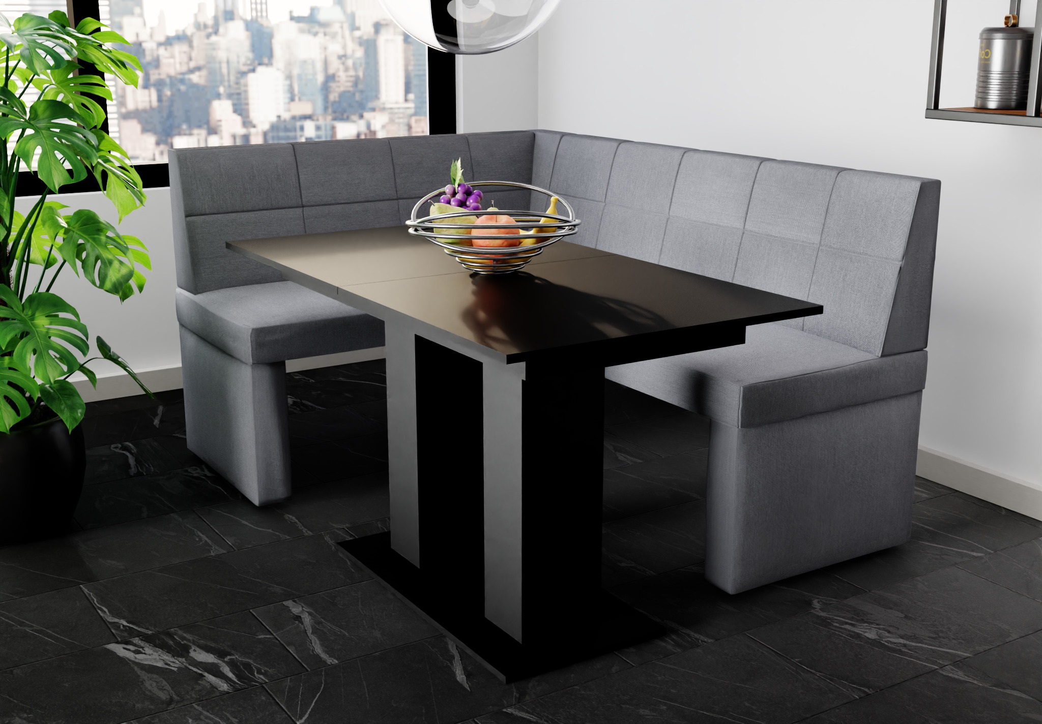 Eckbankgruppe 196x142 cm BLAKE XL R Stoff Soro Grau / Esstisch DANTE Schwarz | Ausführung Rechts | Eckbank mit Esstisch | Essgruppen | Wohn-& Essbereich