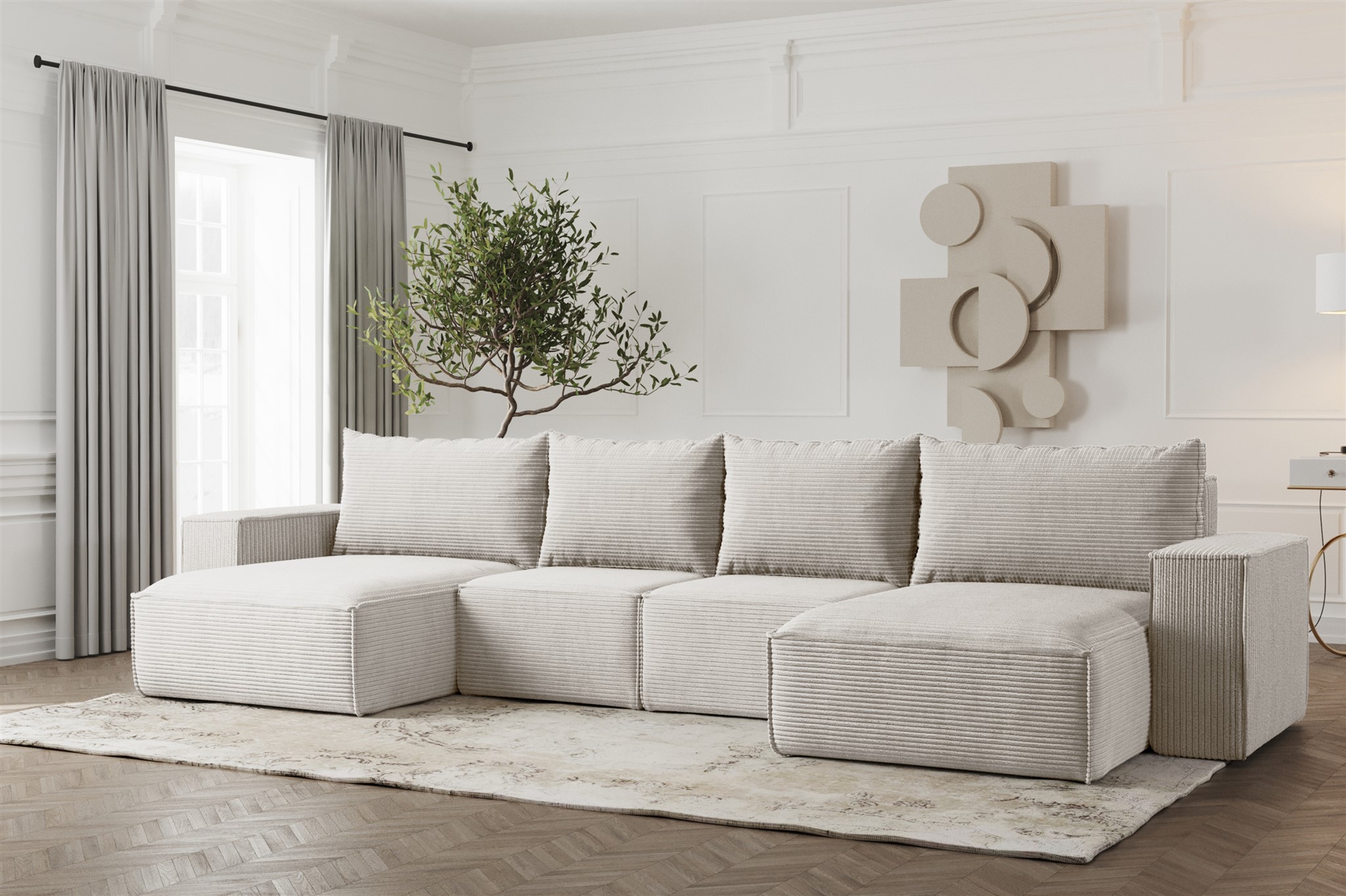 Wohnlandschaft U-Form Sofa ESTELLE mit Schlaffunktion in Stoff Poso Creme | Wohnlandschaft mit Schlaffunktion | Serie-ESTELLE | Polstermöbel-Serie