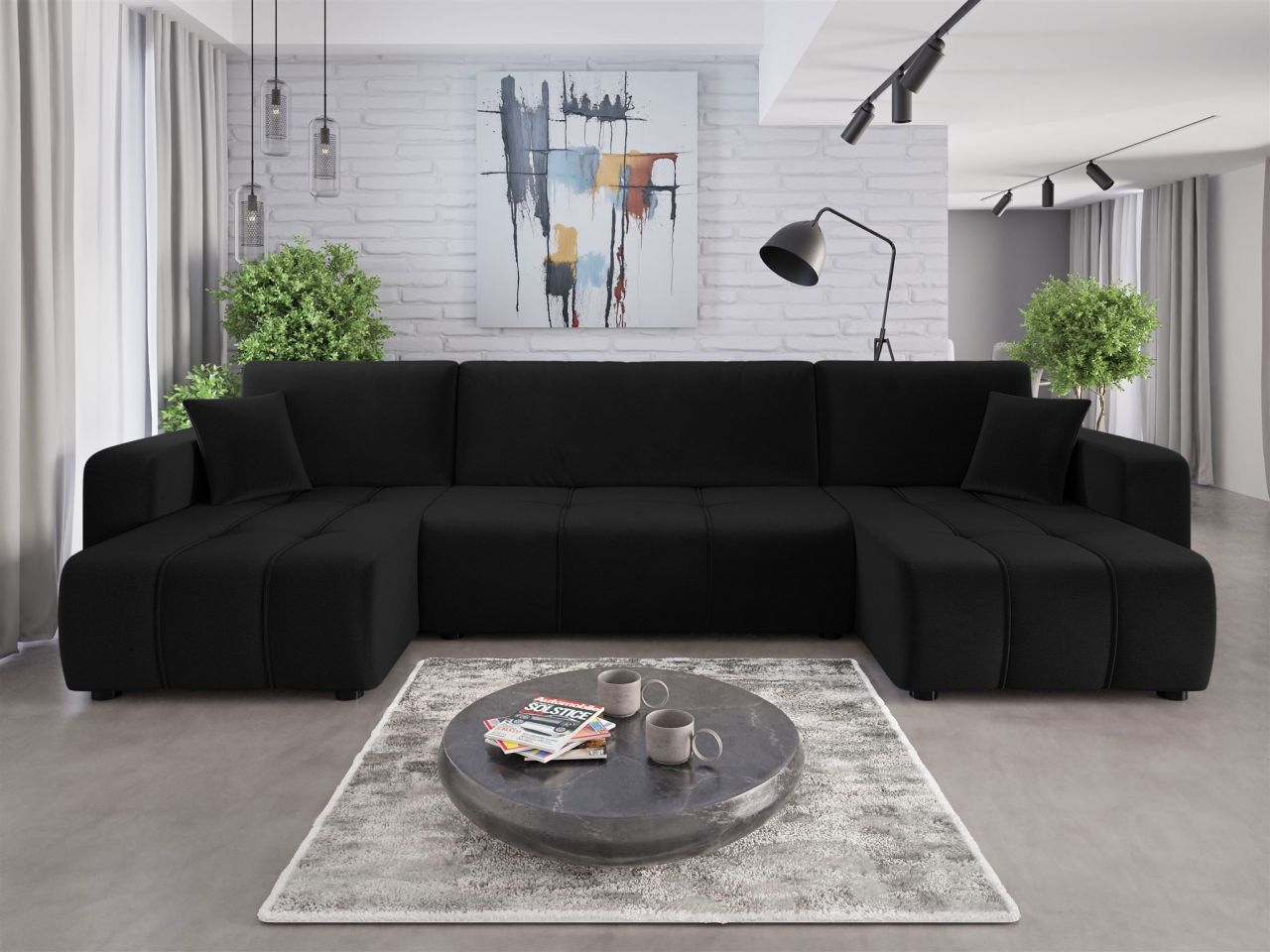 Wohnlandschaft mit Schlaffunktion DAGNY Sofa U-Form in Stoff Kronos Schwarz