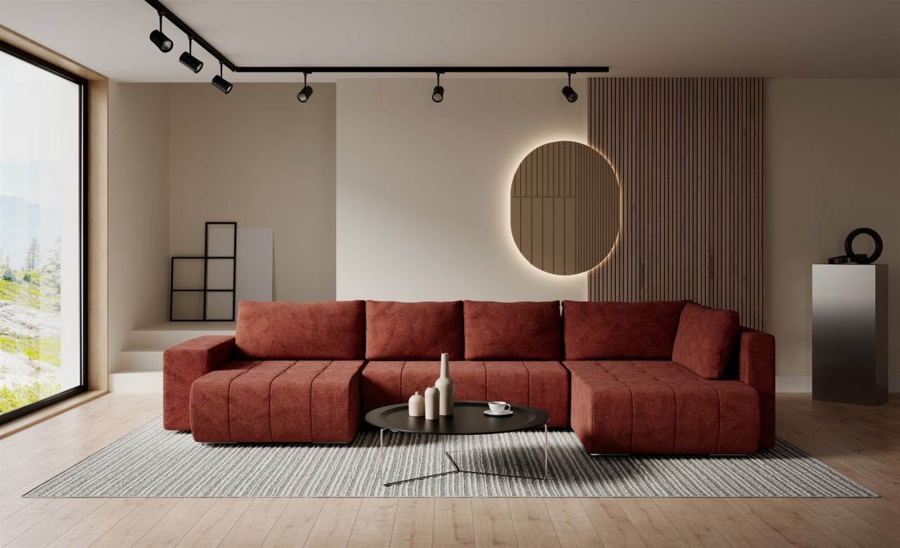 Wohnlandschaft Schlafsofa ARMANDA in Stoff Blur Rostbraun langer Schenkel Rechts