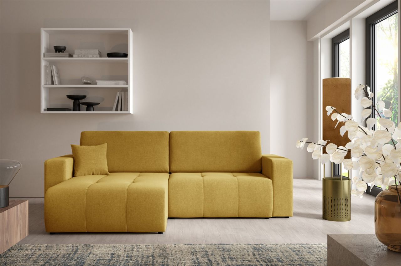 Ecksofa Sofa mit Schlaffunktion AUGUSTO in Stoff Wind Honiggelb Ottomane Links