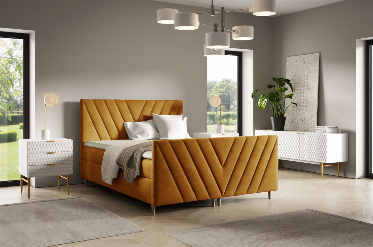 Boxspringbett Schlafzimmerbett CARLITO 140x200cm in Stoff Fresh Senfgelb