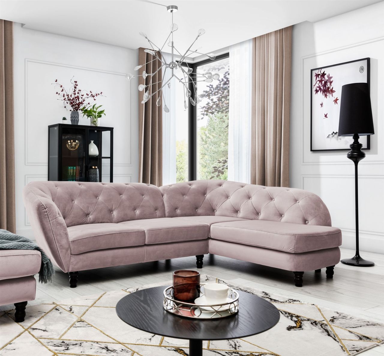 Ecksofa ersofa CHARLOTTE in Stoff Matt Velvet Altrosa Ottomane Rechts
