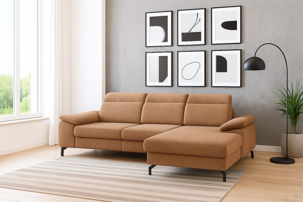 Ecksofa mit Schlaffunktion Sofa MARGIT in Stoff Alfa Hellbraun Ottomane Rechts
