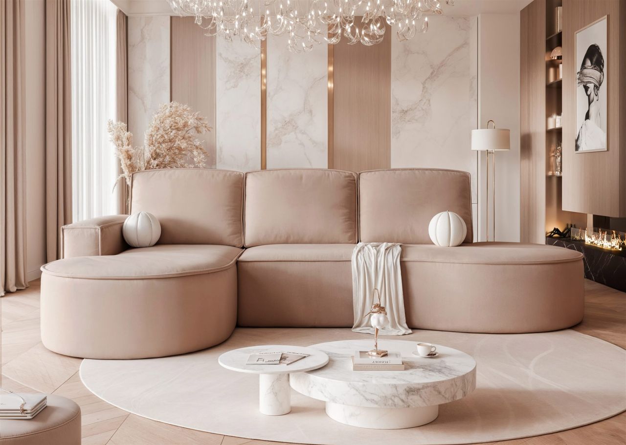 Ecksofa Schlafsofa Sofa ARLET in Stoff Riviera Cappuccino Ottomane Links