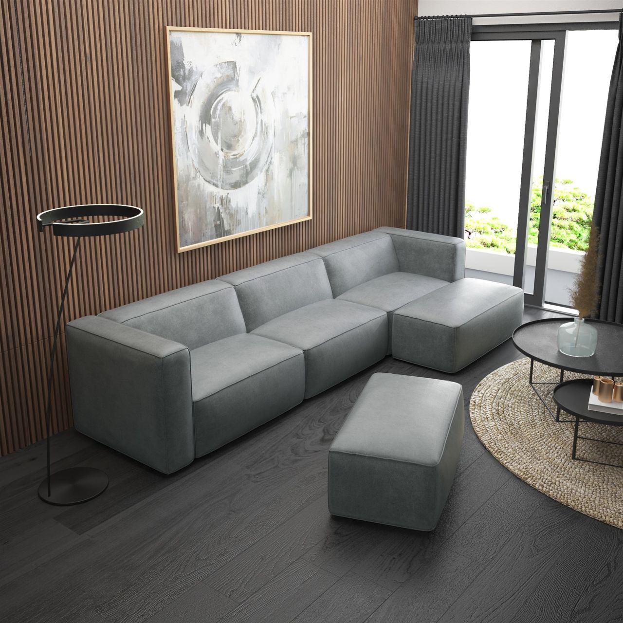 Ecksofa ersofa HELMER inkl. Hocker in Stoff Pola Hellgrau Ottomane Rechts