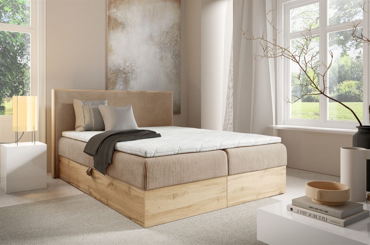 Boxspringbett Schlafzimmerbett ROLAND 120x220cm in Stoff Lincoln Hellbraun