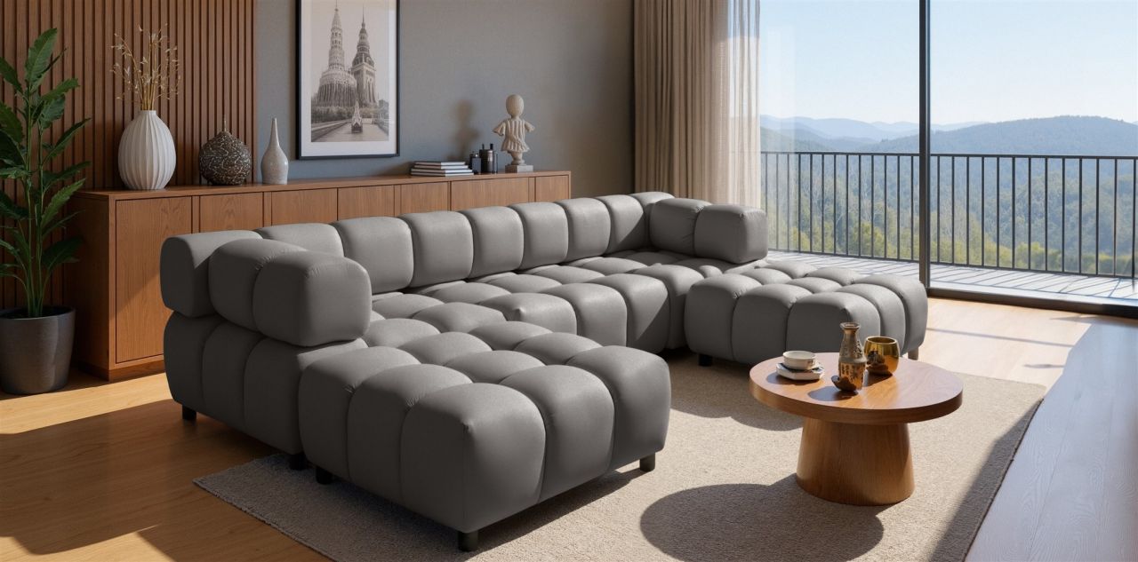 Sofa ersofa FLOW 3-Sitzer inkl. 2 x Polsterhocker Stoff Bluvel Dunkelgrau