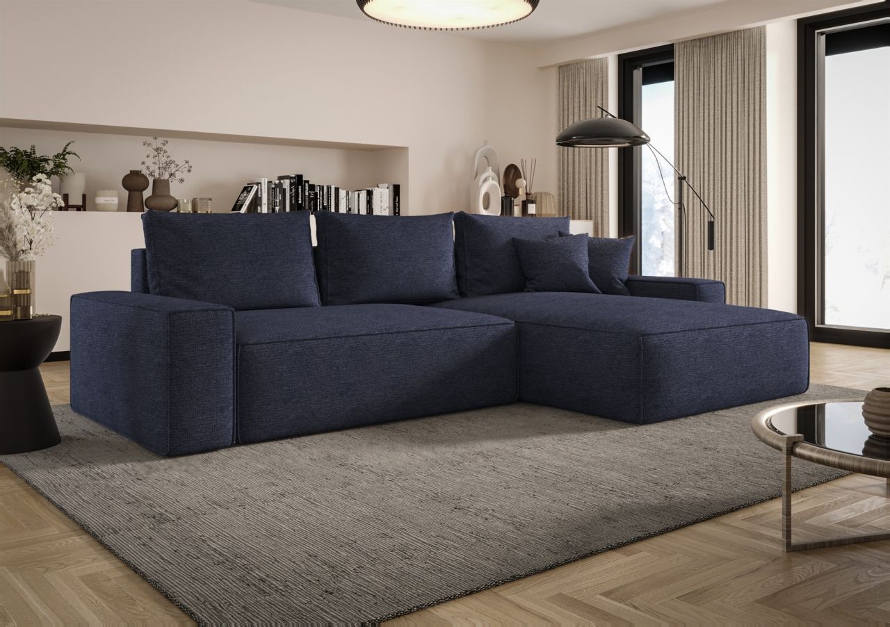 Ecksofa Schlafsofa Sofa WALKEN Stoff Aragon Dunkelblau Ottomane Rechts