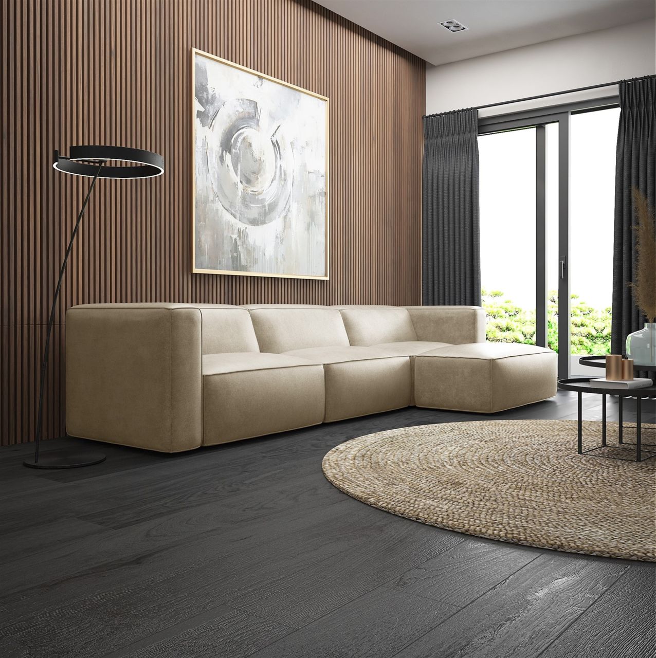 Ecksofa ersofa Sofa HELMER in Stoff Pola Beige Ottomane Rechts