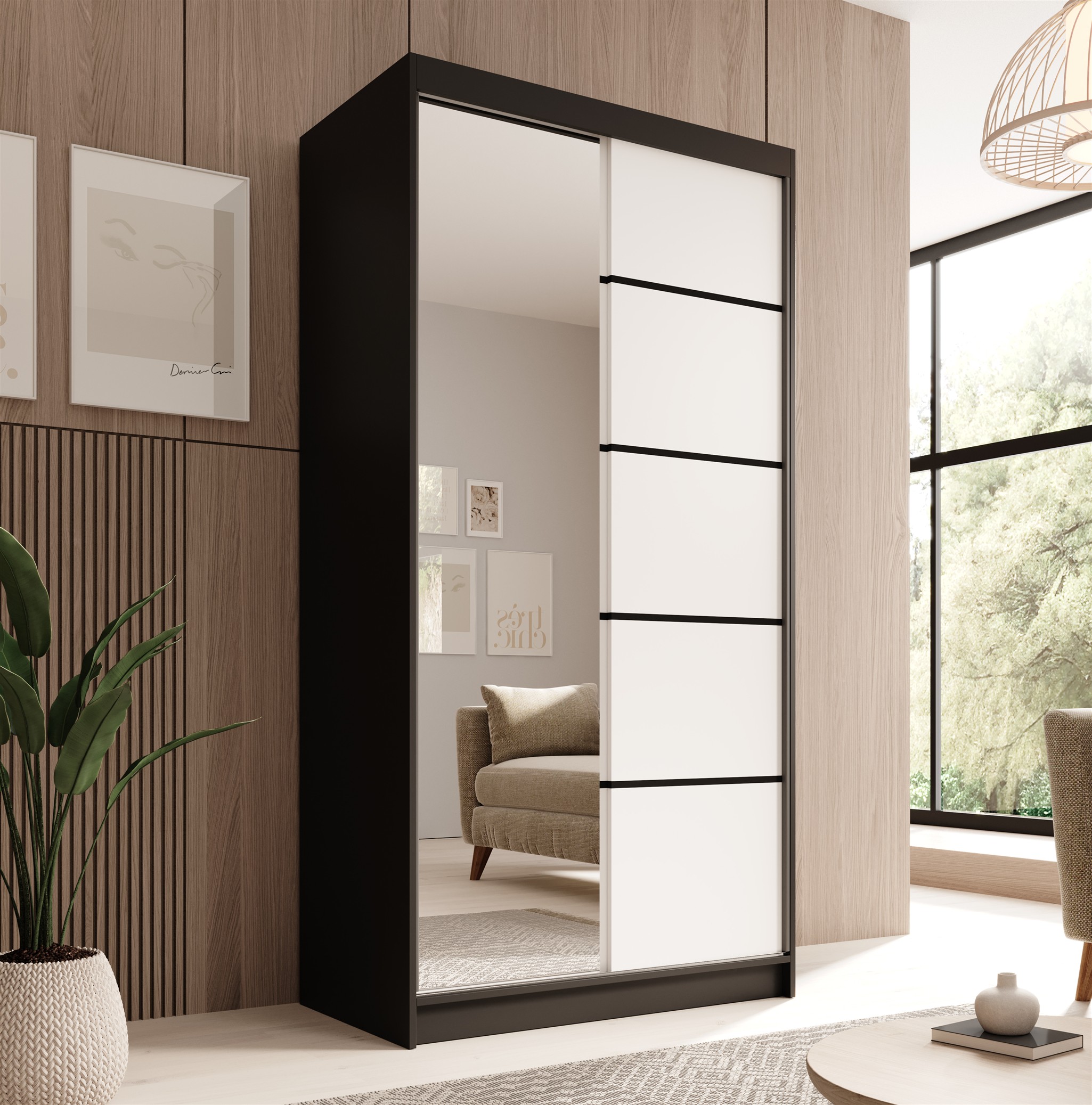Schiebetürenschrank Schrank Nr.120 in Schwarz- Weiß matt 100x200x58 cm | Breite: 100cm | Schwebetürenschränke | Kleiderschränke | Schlafzimmer