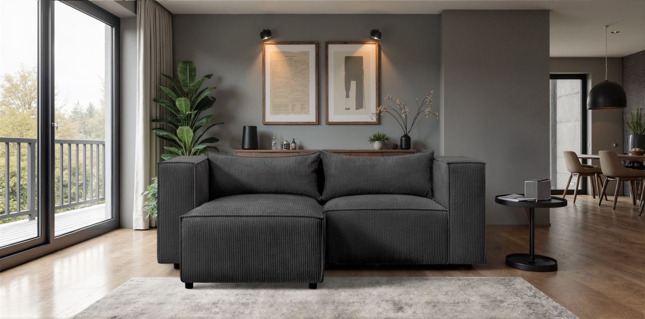 Ecksofa ersofa NEVIO XS in Stoff Lincoln Schwarz Ottomane Links