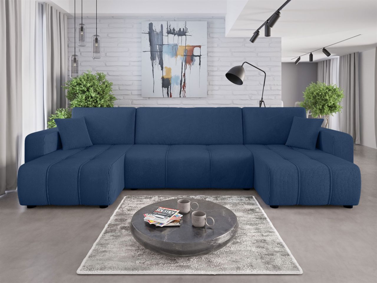 Wohnlandschaft mit Schlaffunktion DAGNY Sofa U-Form in Stoff Poso Blau