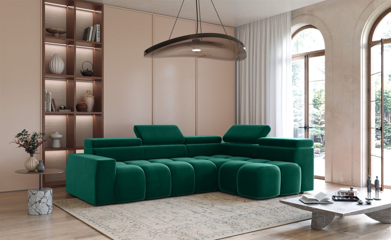 Ecksofa ersofa DARCY in Stoff Salvador Flaschengrün Ottomane Rechts