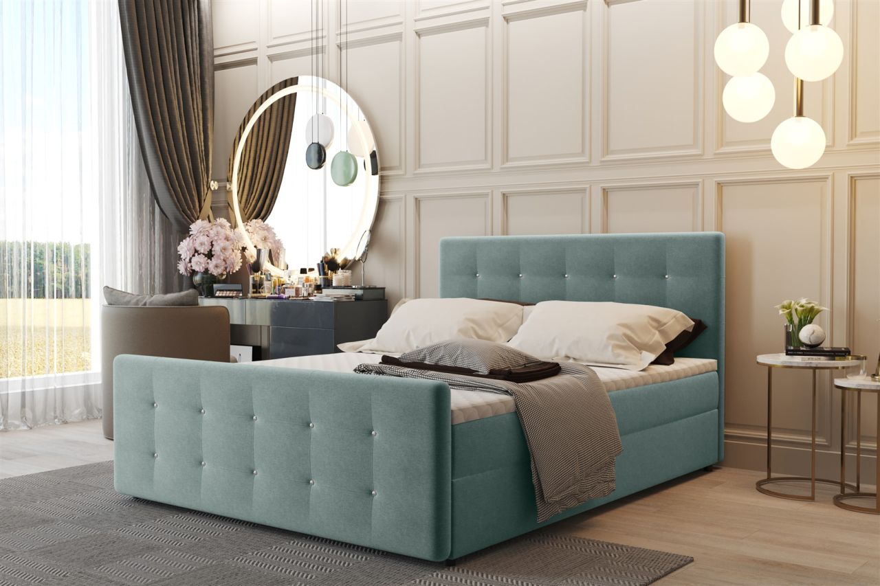 Boxspringbett Schlafzimmerbett CARLOS 140x200cm Stoff Soro Hellgrün inkl.Bett...