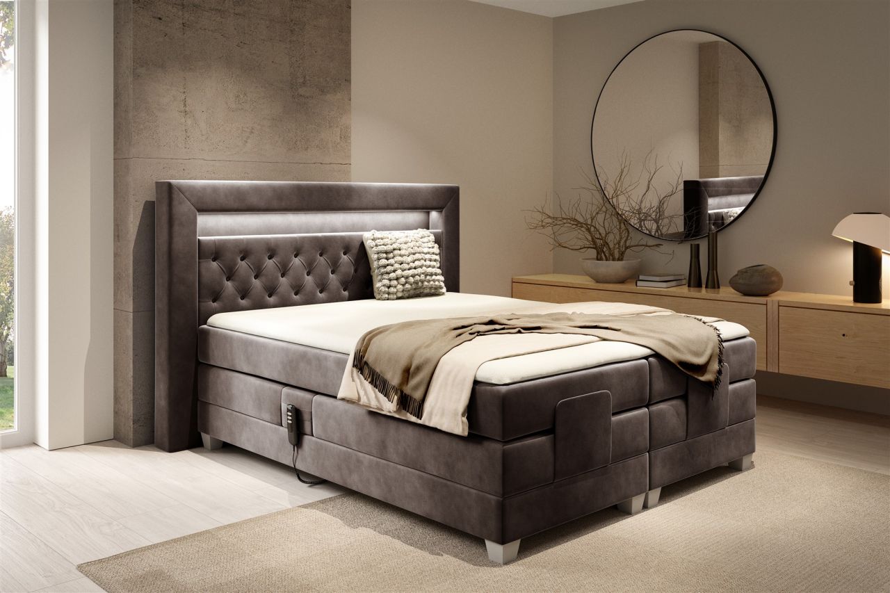 Boxspringbett Elektrisch Bett ARMANDO 200x200cm in Stoff Fresh Schokobraun