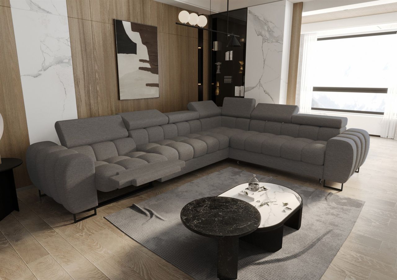 Ecksofa Schlafsofa BASTIEN RELAX in Stoff Aragon Dunkelgrau Ottomane Rechts