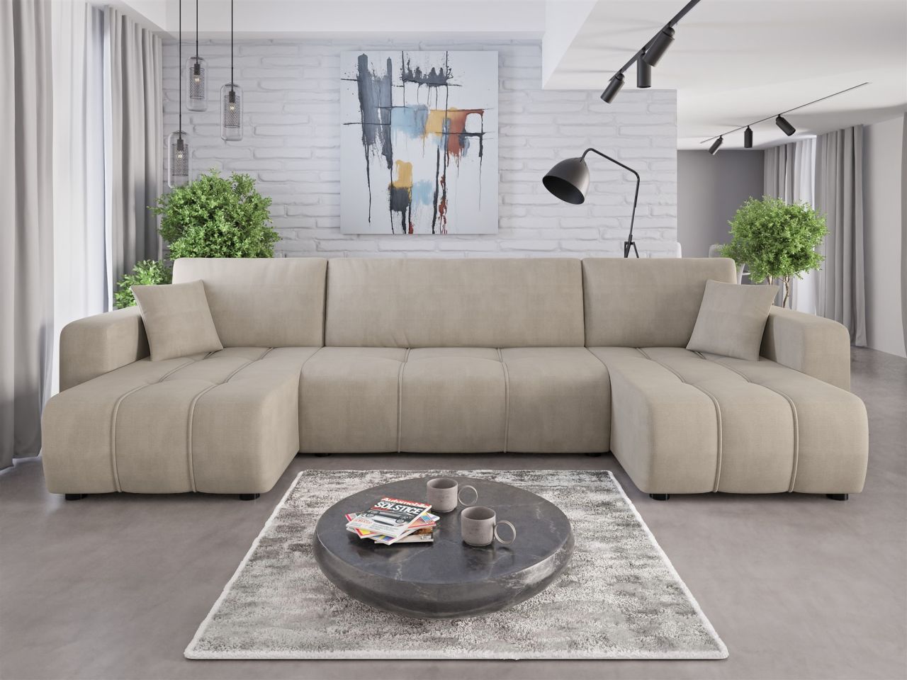 Wohnlandschaft mit Schlaffunktion DAGNY Sofa U-Form in Stoff Cosmic Beige