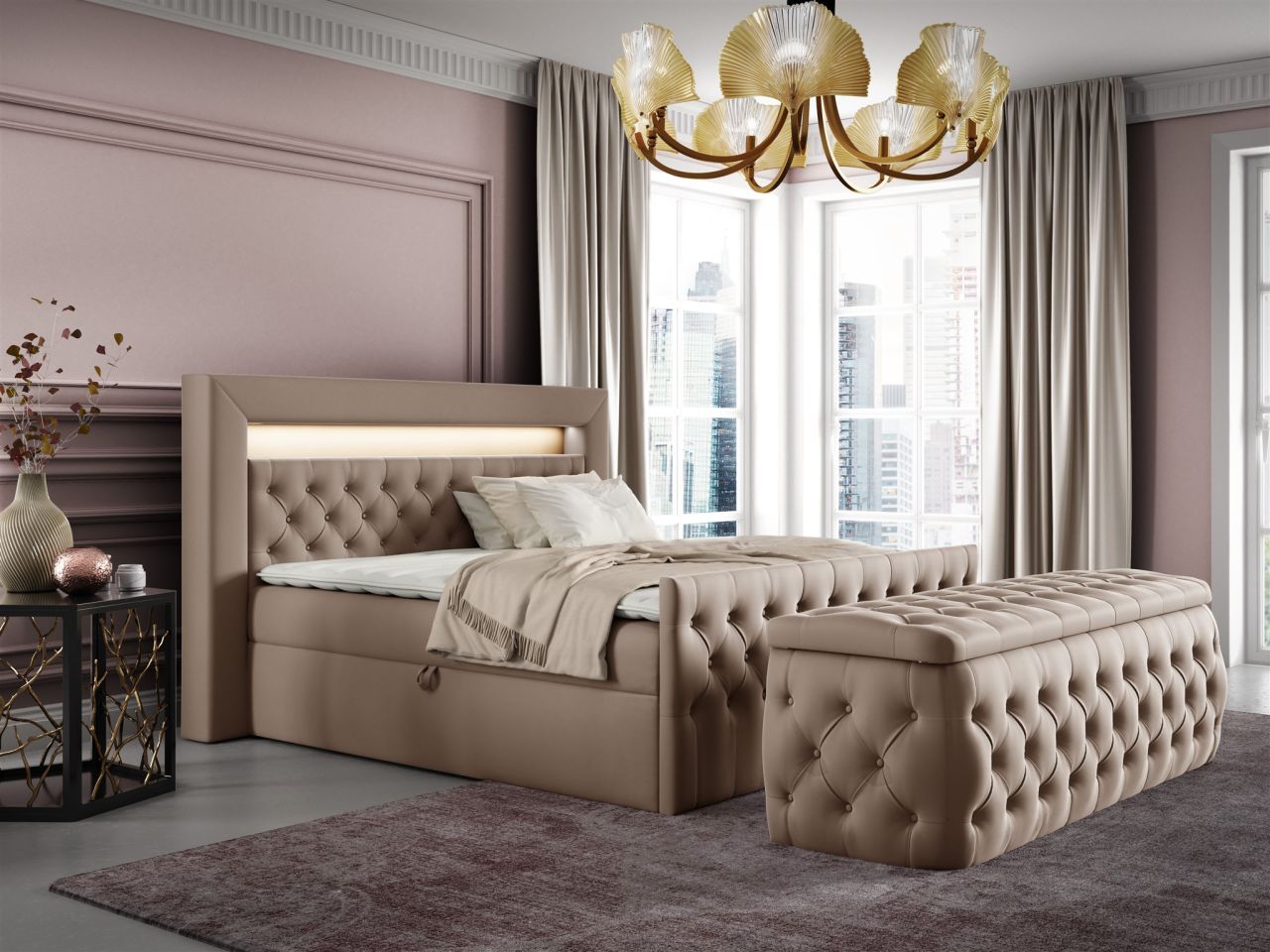 Boxspringbett Schlafzimmerbett ERNESTO Nr.3 160x200cm in Elisa Velvet Beige