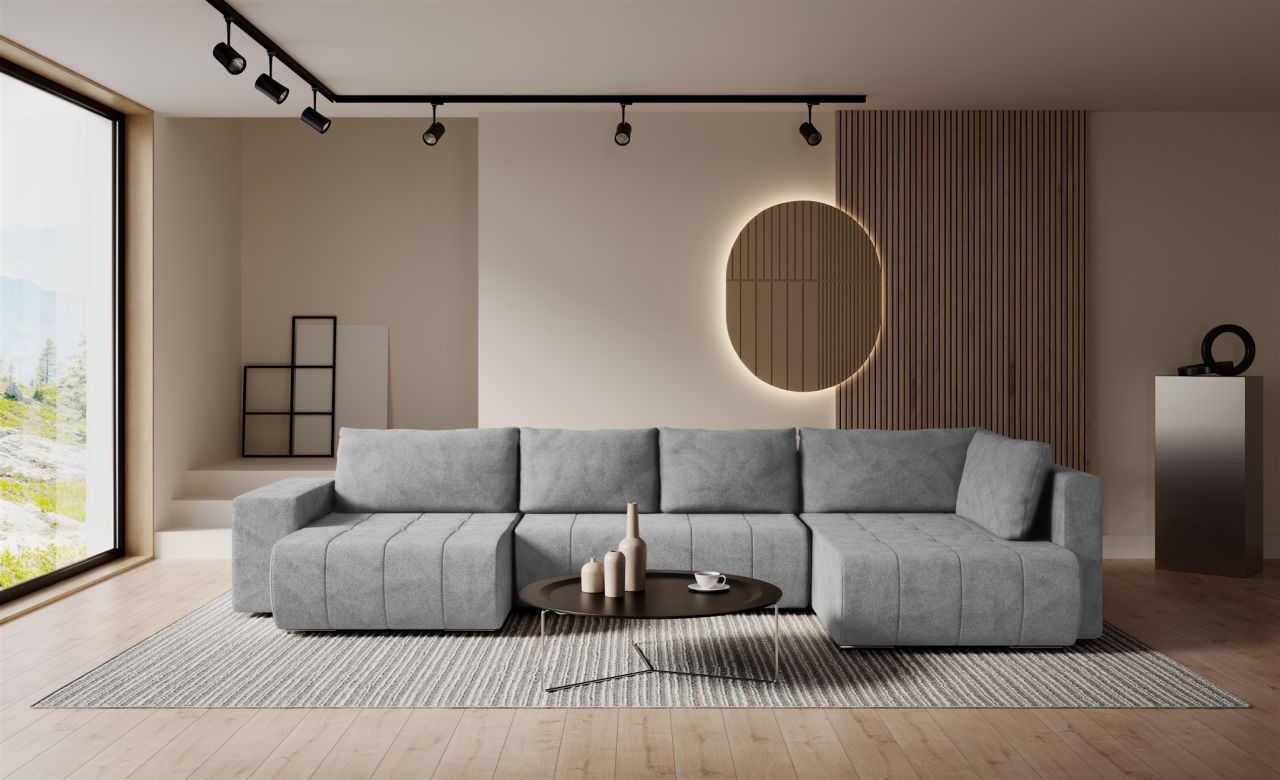 Wohnlandschaft Schlafsofa ARMANDA in Stoff Blur Silbergrau langer Schenkel Re...