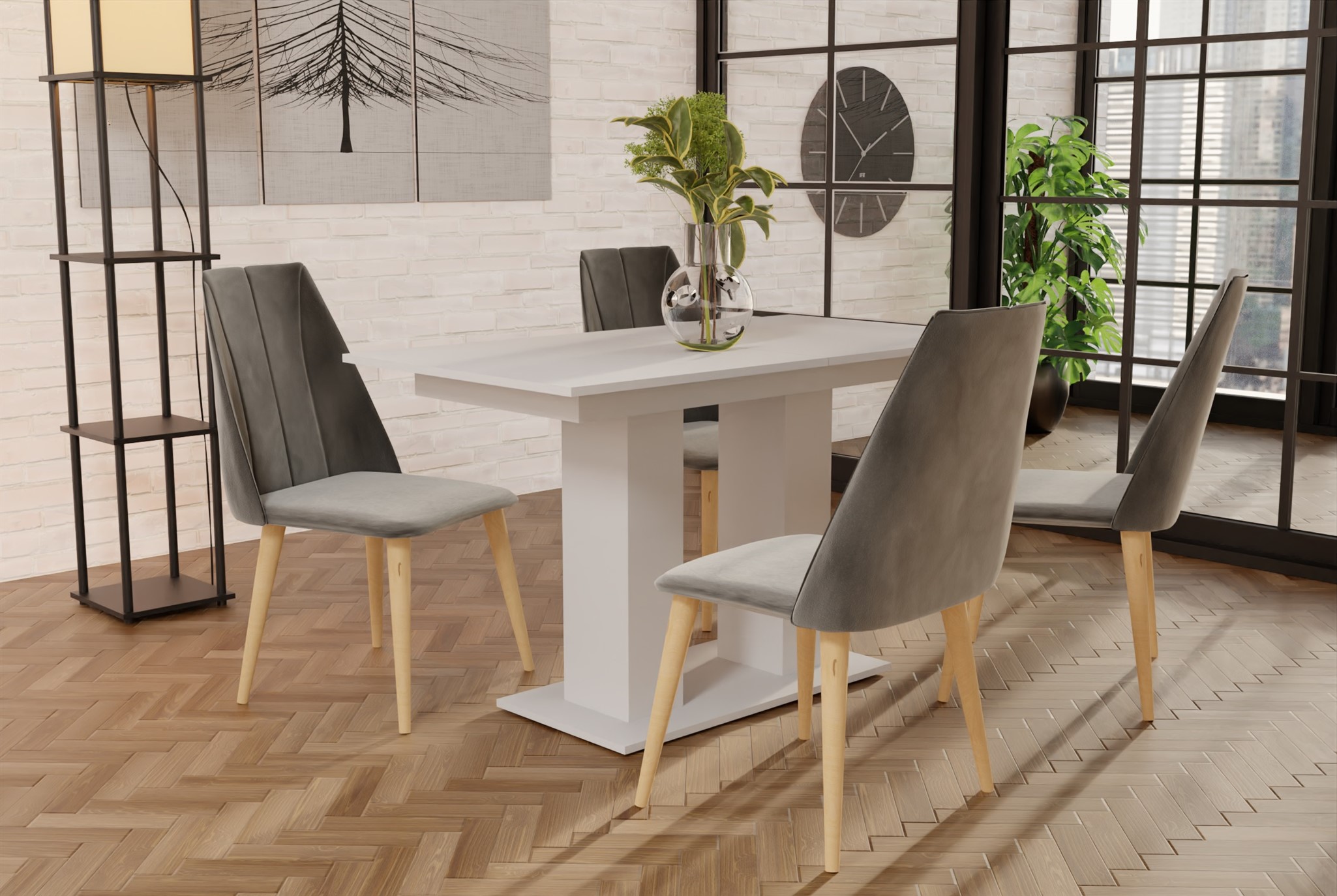 Essgruppe Weiss matt-Tisch mit 4 Grau CAROS Stühlen für Esszimmer oder Küche | Esstisch mit Stühlen | Essgruppen | Wohn-& Essbereich
