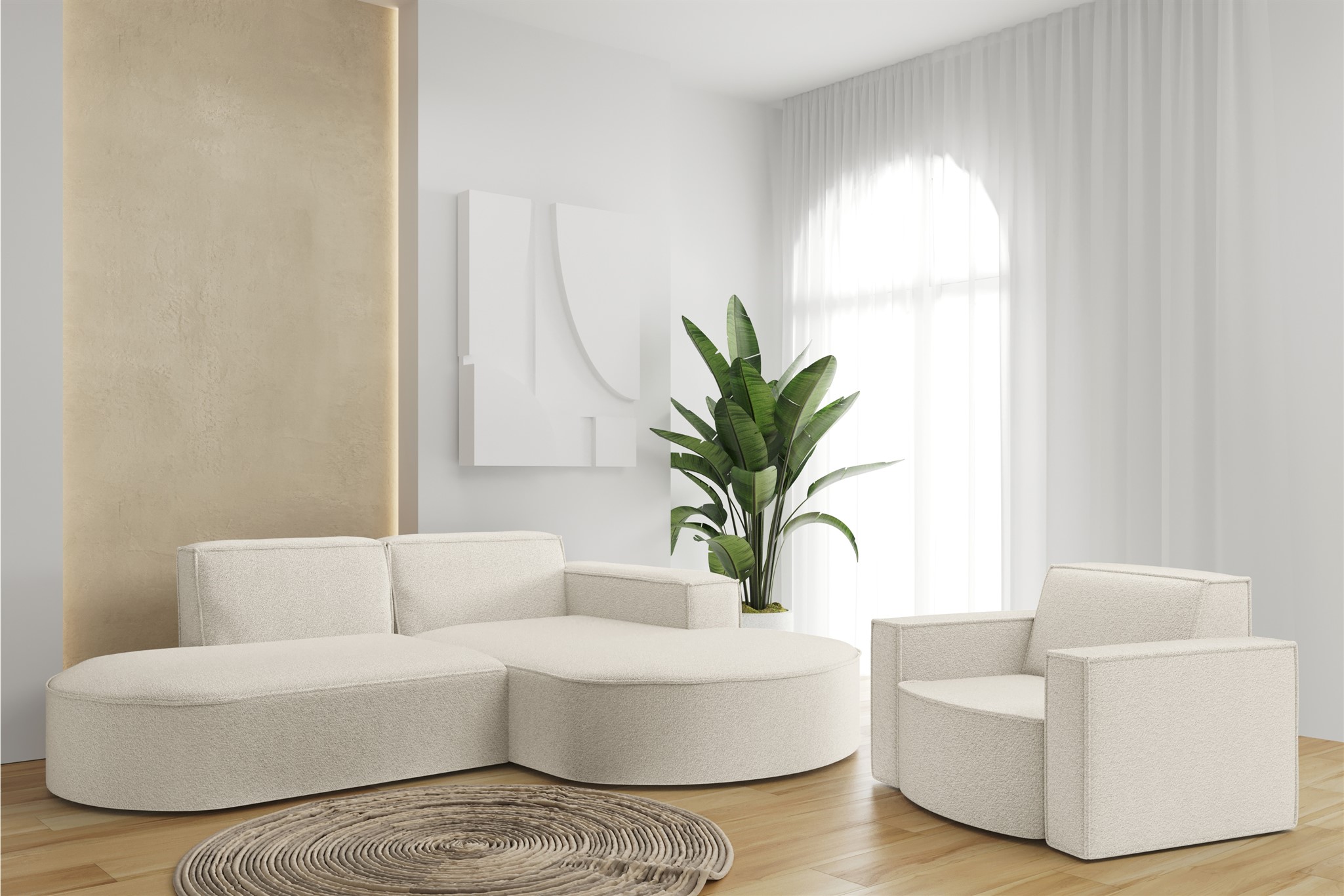 Sofa Set 2-teilig Sessel und Ecksofa PALMA XS Stoff Ascot Beige Ottomane Rechts | Couchgarnituren | Polstermöbel