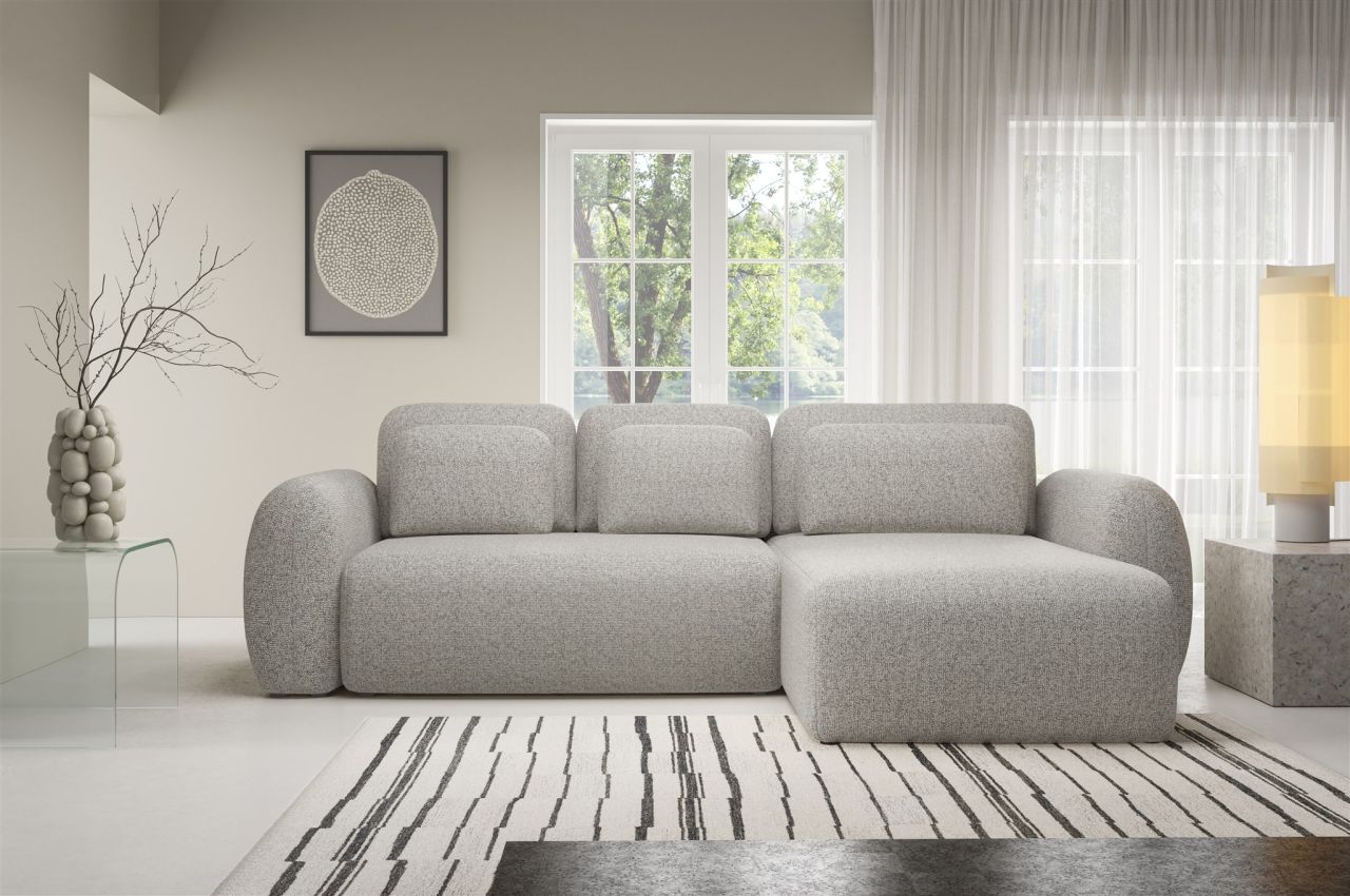 Ecksofa Schlafsofa Sofa GASTON in Stoff Puente Sandgrau Ottomane Rechts