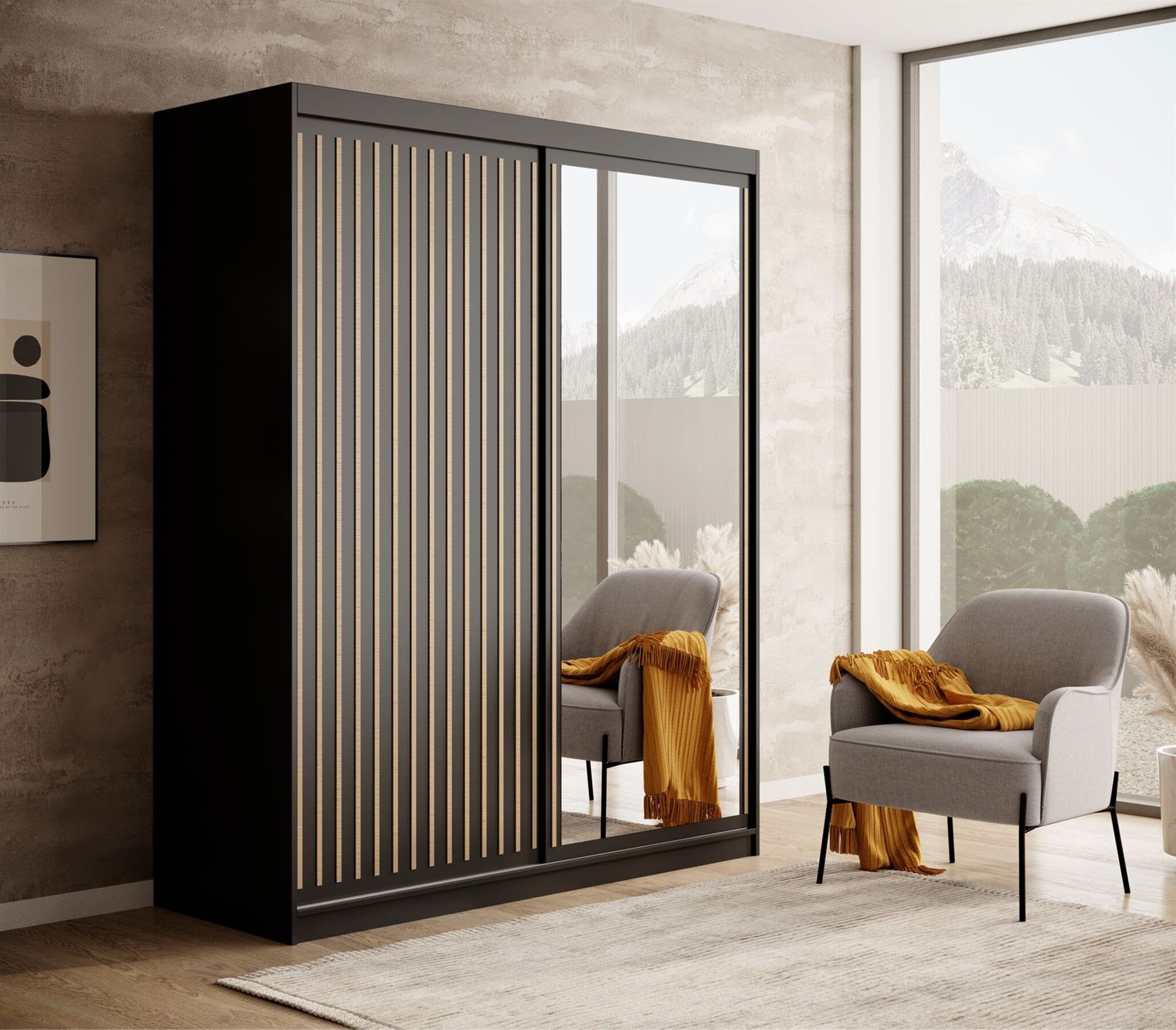 Schiebetürenschrank Schrank FABO in Schwarz matt- Artisan Eiche 160x205x60 cm | Breite: 160cm | Schwebetürenschränke | Kleiderschränke