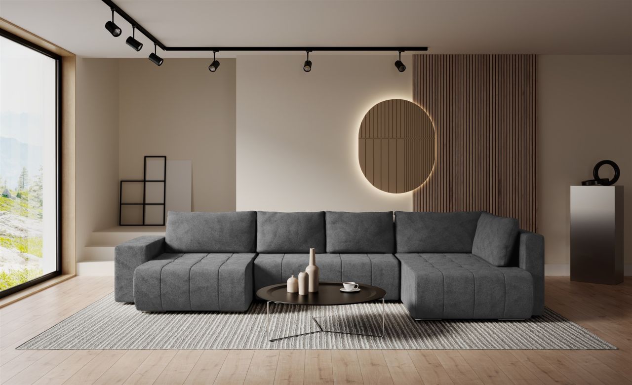 Wohnlandschaft Schlafsofa ARMANDA in Stoff Blur Dunkelgrau langer Schenkel Re...