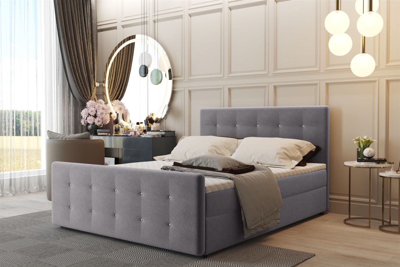 Boxspringbett Schlafzimmerbett CARLOS 140x200cm Stoff Soro Hellgrau inkl.Bett...