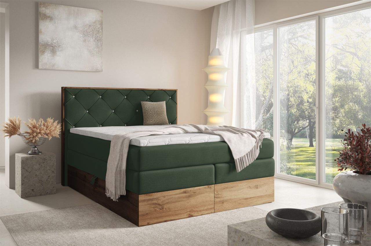 Boxspringbett Schlafzimmerbett NAVEL 180x200cm in Stoff Rouge Dunkelgrün