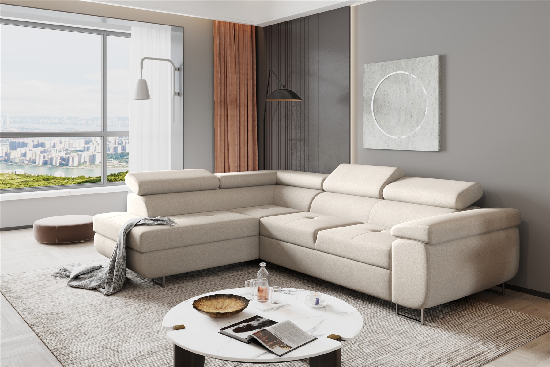 Ecksofa Sofa JADE Stoff Cover Beige mit Schlaffunktion Ottomane Links | Ottomane: Links | Ecksofas mit Schlaffunktion | Polstermöbel