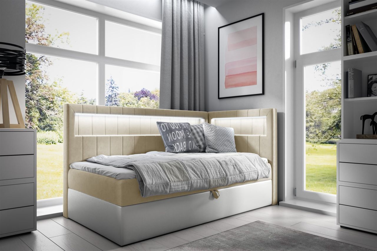 Boxspringbett Gästebett Kinderbett FABIAN Nr.3 100x200cm Weiss-Beige Seite Re...