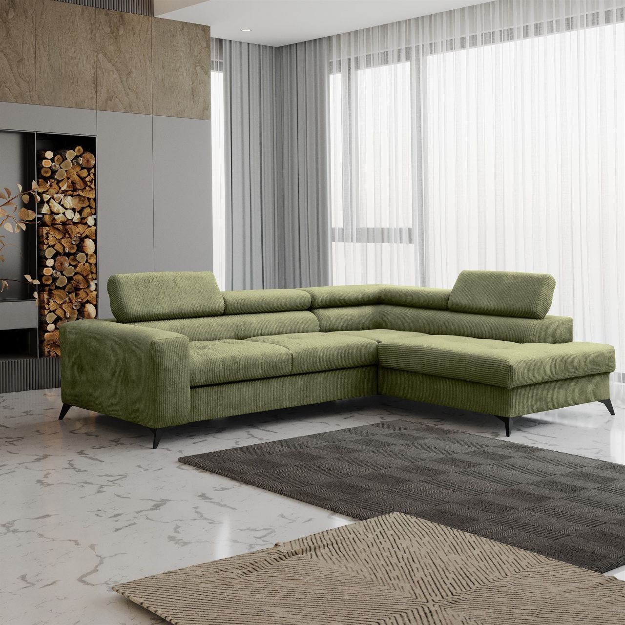 Ecksofa Schlafsofa AMADEO Stoff Anafi Limettengrün Ottomane Rechts