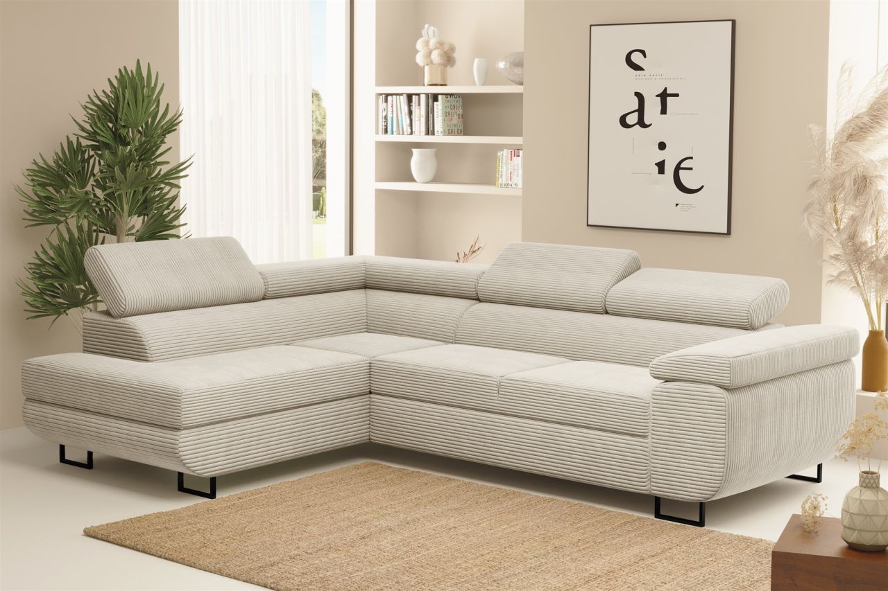 Ecksofa Sofa mit Schlaffunktion METZ Stoff Poso Beige Ottomane Links